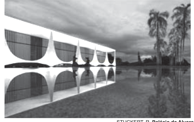 Fotografia em preto e branco de um edifício modernista com colunas curvas refletido em um espelho d'água, ao lado de palmeiras.