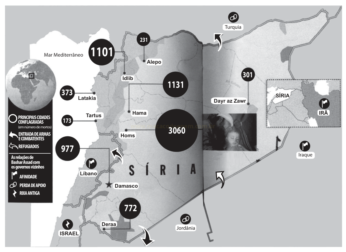 Mapa em tons de cinza da Síria com números de mortos nas principais cidades, rotas de armas e de refugiados e indicação dos países vizinhos.