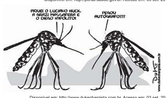 Charge em preto e branco com dois mosquitos conversando sobre picadas e autógrafo.