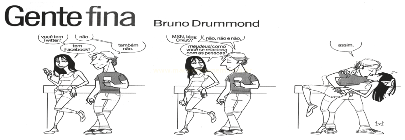 Tira em preto e branco de três cenas em que um rapaz que não usa redes sociais responde com um beijo à pergunta sobre como se relaciona.