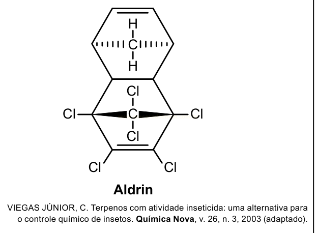 Fórmula estrutural plana do Aldrin, com dois anéis fundidos e vários átomos de cloro ligados à estrutura.
