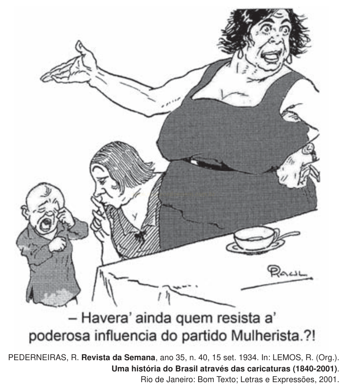 Ilustração em preto e branco com uma mulher de braço estendido, uma mulher mais velha à mesa e uma criança chorando.