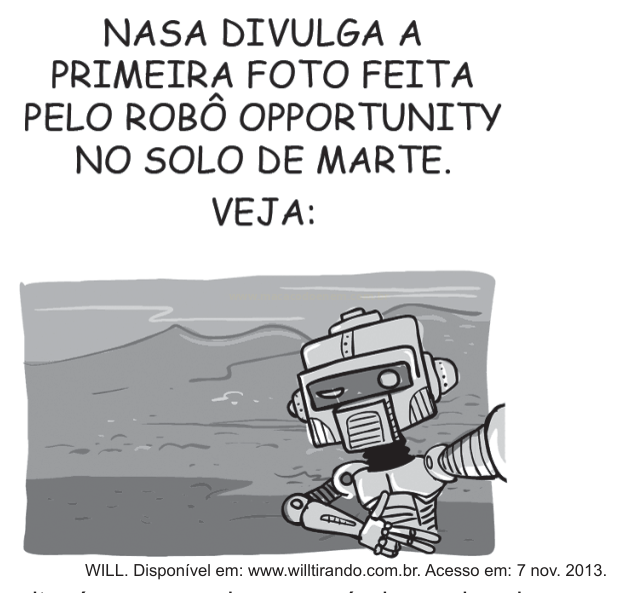 Charge em preto e branco com robô em paisagem marciana simulando tirar uma selfie, sob o anúncio da primeira foto do Opportunity em Marte.