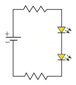 Circuito elétrico em série com bateria, dois resistores e dois LEDs.