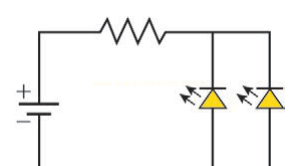 Circuito elétrico com bateria, resistor e dois LEDs em paralelo, com símbolos invertidos.