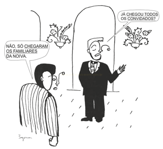 Charge em preto e branco com dois homens conversando em um salão decorado com vasos de flores.