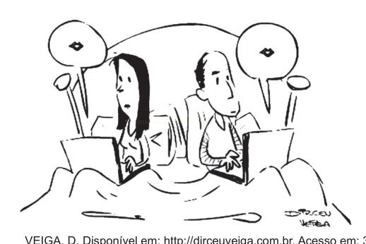Cartum em preto e branco de um casal na cama que troca mensagens afetivas pelo computador em vez de conversar.