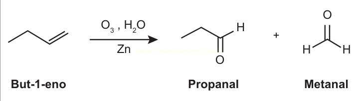 Equação de ozonólise do but-1-eno com O₃, H₂O e Zn, produzindo propanal e metanal.