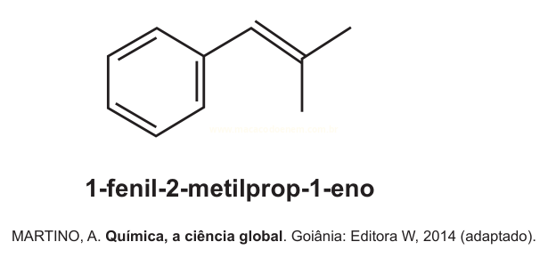Estrutura química do 1-fenil-2-metilprop-1-eno, com anel benzênico e cadeia lateral insaturada.