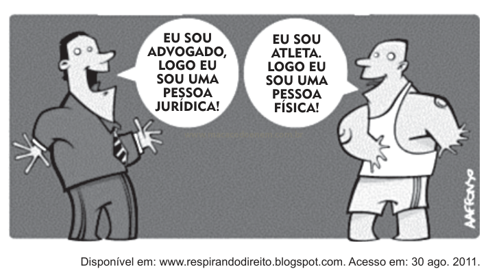 Charge em preto e branco com um advogado e um atleta fazendo trocadilhos sobre pessoa jurídica e pessoa física.