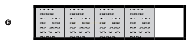 Esquema de formulário com quatro colunas preenchidas com texto simulado e uma faixa vazia à direita; identificado pela letra E.