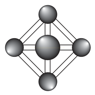 Modelo molecular com esfera central ligada a quatro esferas que também se ligam entre si, formando um losango.