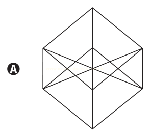 Hexágono regular com diagonais traçadas em seu interior, formando um padrão de linhas cruzadas.
