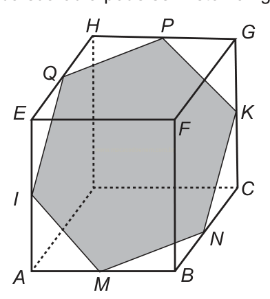 Desenho de um cubo com um plano de corte destacado em cinza e vértices identificados por letras.