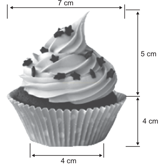 Cupcake com cobertura em espiral e estrelinhas, acompanhado de medidas de 7 cm, 5 cm e 4 cm.