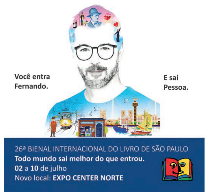 Cartaz da 26ª Bienal Internacional do Livro de São Paulo, com rosto humano formado por colagens.