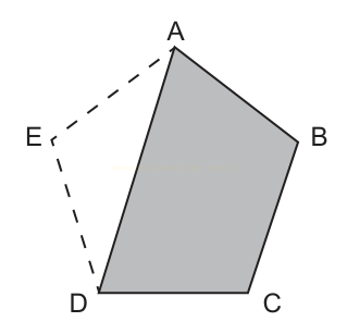 Quadrilátero ABCD sombreado com um triângulo ADE tracejado ao lado, como uma dobra.