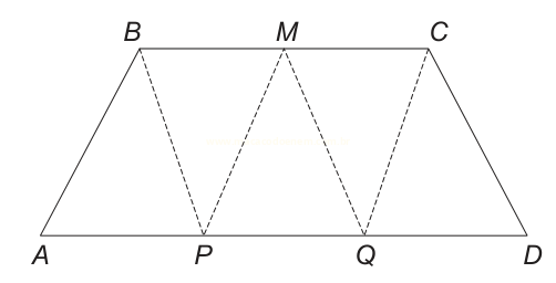 Trapézio ABCD com M no ponto médio do topo e linhas tracejadas ligando B–P, M–P, M–Q e C–Q sobre a base.