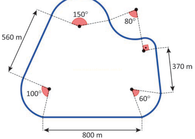 Desenho de um terreno poligonal com ângulos de 150°, 80°, 90°, 100° e 60° e lados de 560 m, 800 m e 370 m.