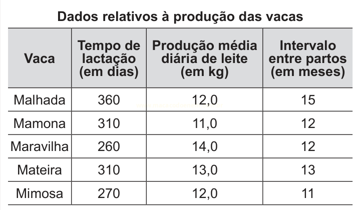 Tabela com dados de produção de cinco vacas: tempo de lactação, produção diária de leite e intervalo entre partos.