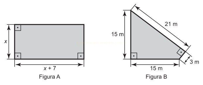 Figura A: retângulo de altura x e base x + 7. Figura B: triângulo retângulo de lados 15 m, 15 m e 21 m, com medida de 3 m na base.