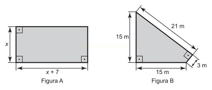 Duas figuras: um retângulo de altura x e base x + 7, e um triângulo retângulo com lados de 15 m, 21 m e marcação de 3 m.