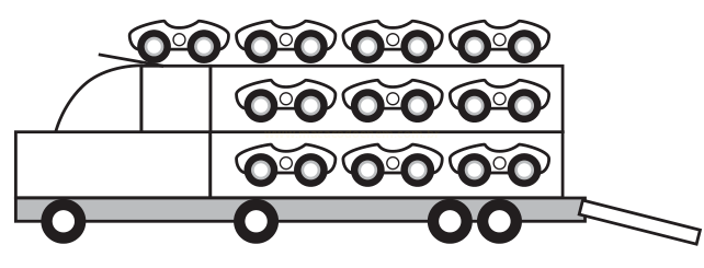 Desenho de um caminhão cegonha carregando dez automóveis distribuídos em três prateleiras.