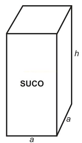 Desenho de uma caixa retangular de suco com dimensões a, a e h.