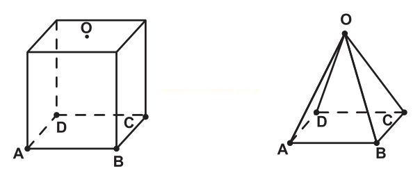 Desenho de um cubo com os pontos A, B, C, D e Q e de uma pirâmide de vértice O e base ABCD.