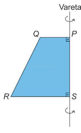 Trapézio azul com vértices PQRS e eixo de rotação vertical rotulado Vareta.