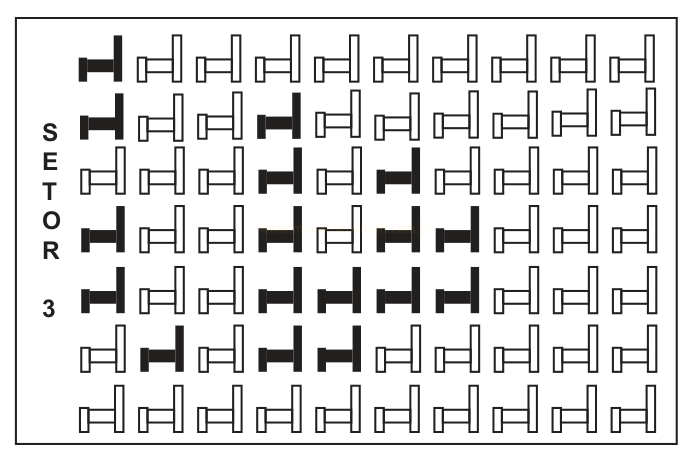 Ilustração com uma grade de cadeiras desenhadas, algumas preenchidas de preto formando um padrão, identificada como 'SETOR 3'.