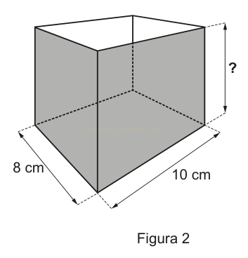 Desenho de um bloco retangular com medidas de 8 cm e 10 cm e altura desconhecida, indicada por interrogação.