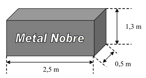 Desenho de bloco retangular cinza com a inscrição 'Metal Nobre' e dimensões 2,5 m, 1,3 m e 0,5 m.