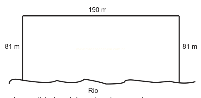 Esquema de um terreno retangular de 190 m por 81 m, com um rio na base.