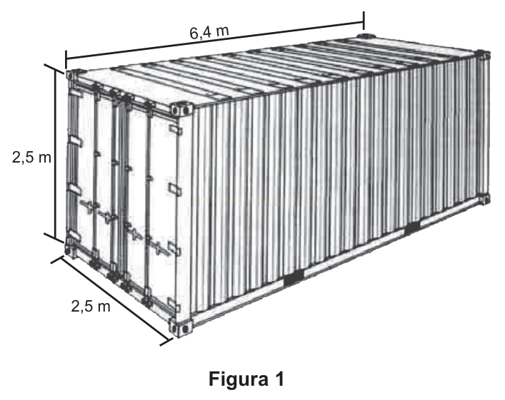 Desenho de um contêiner metálico em perspectiva, com medidas de 6,4 m de comprimento, 2,5 m de altura e 2,5 m de largura.