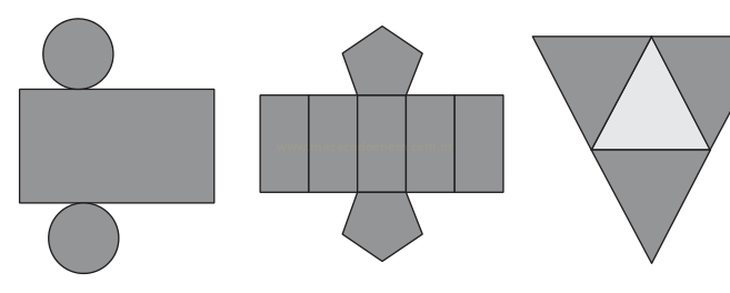 Três figuras geométricas cinzas: retângulo com círculos, cruz com pentágonos e triângulo com triângulo interno claro.