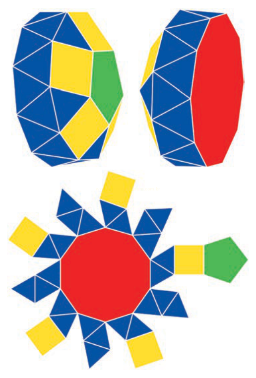 Três figuras coloridas montadas com triângulos azuis, quadrados amarelos e polígonos vermelhos e verdes.