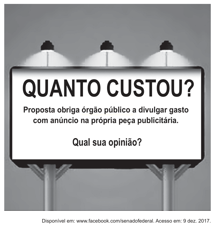 Fotografia em preto e branco de outdoor iluminado com a pergunta 'QUANTO CUSTOU?' e texto sobre divulgação de gastos com publicidade.