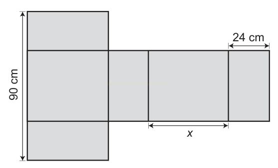 Planificação de uma caixa em forma de retângulos recortados, com medidas de 90 cm de altura, x e 24 cm indicadas.