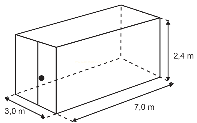 Desenho de um bloco retangular com medidas 3,0 m, 7,0 m e 2,4 m e um ponto marcado na face frontal esquerda.