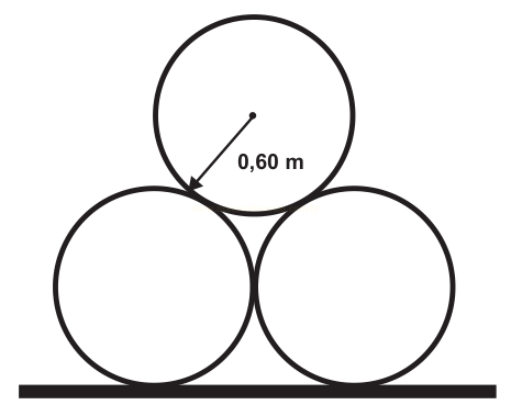 Desenho de três círculos empilhados em pirâmide, com o raio de 0,60 m indicado no círculo superior.