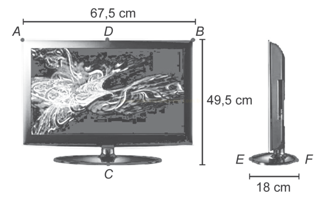 Desenho de um televisor em vista frontal e lateral, com medidas de 67,5 cm de largura, 49,5 cm de altura e 18 cm de base.