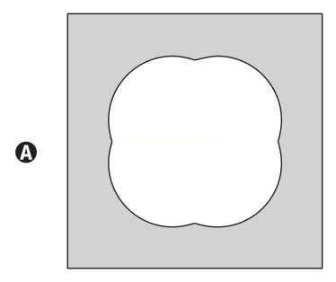 Quadrado cinza com forma branca arredondada de quatro lóbulos e reentrâncias nos lados, identificado pela letra A.
