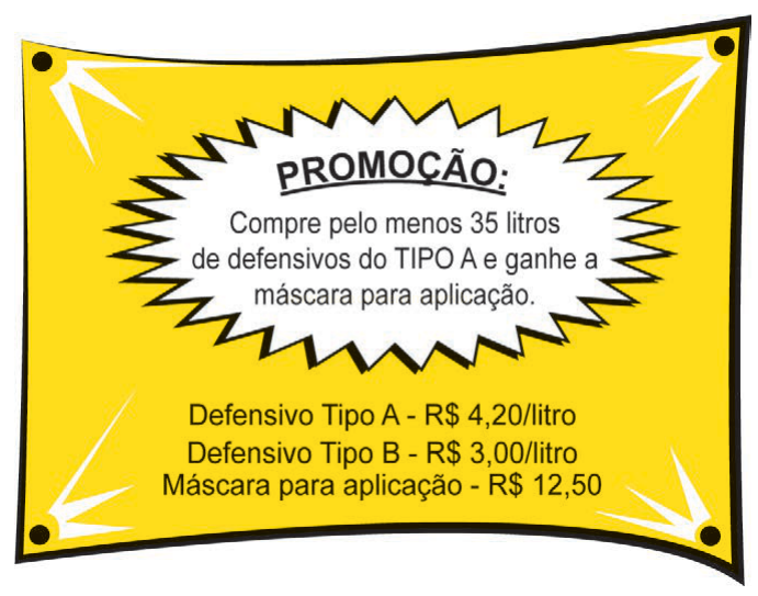 Cartaz de promoção de defensivos agrícolas com preços e brinde de máscara.