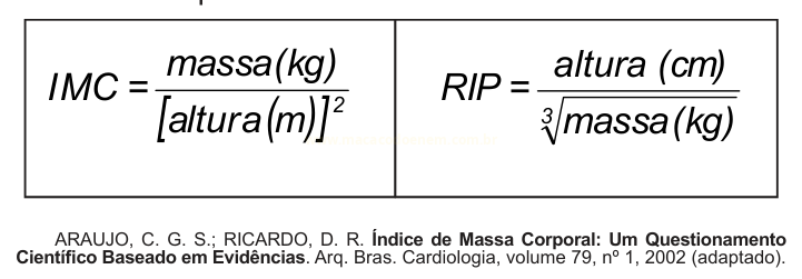 Duas fórmulas lado a lado: IMC e RIP, com suas definições de massa e altura.