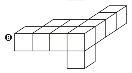 Sólido de cubos em perspectiva isométrica, com fileira frontal, parte elevada ao fundo e cubos abaixo, rotulado B.