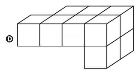 Sólido de cubos em perspectiva isométrica, mais largo e alto à direita, com fileira frontal de três cubos, rotulado D.