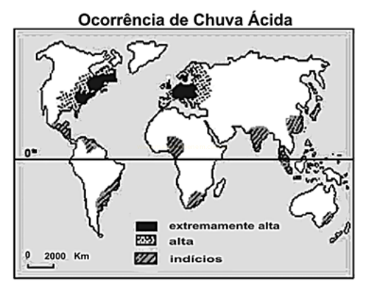 Mapa-múndi com áreas de ocorrência de chuva ácida classificadas em extremamente alta, alta e indícios.