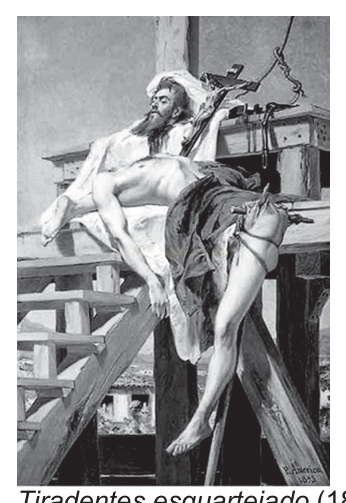 Pintura em tons claros e escuros de um corpo esquartejado sobre estrutura de madeira, com a cabeça em um poste.