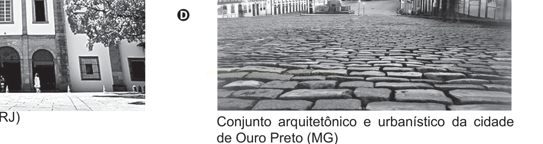 Duas fotografias em preto e branco: uma fachada colonial com arcadas e uma rua de pedra que leva a uma praça histórica.